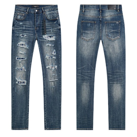 Blue Washed Denim Jeans with Plaid Lined Distressing